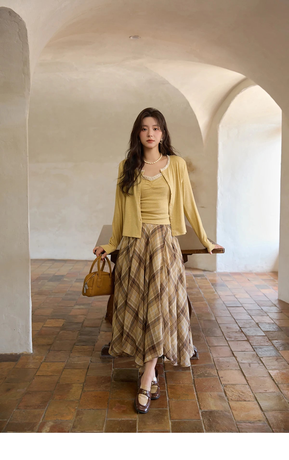 MISHOW Coffee Plaid Skirt 2025 Autumn Asymmetrical Hem Skirts Female Retro Side Zipper Commuting A-line Midi Skirt MXE42B2377