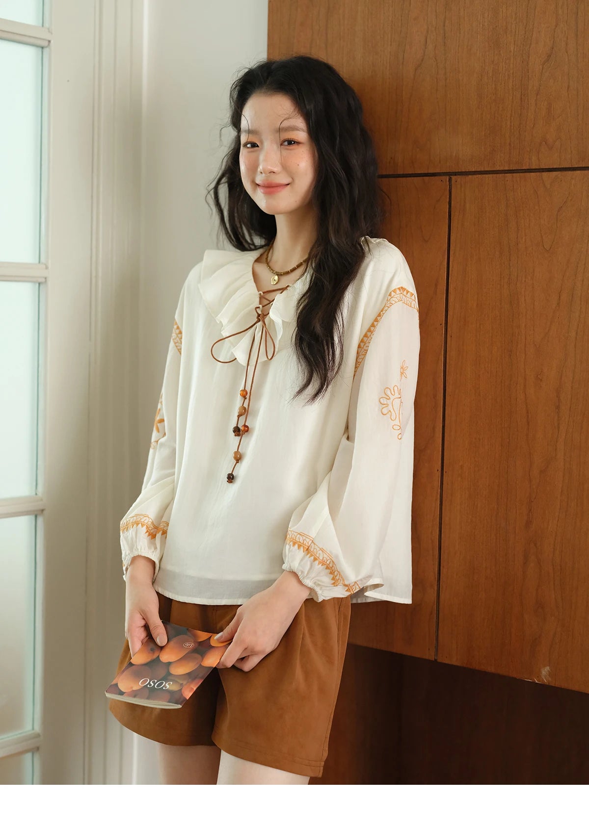 MISHOW Cashew Flower Embroidered Blouse Autumn 2025 Ruffle V-neck Lace Up Tops 100 Lyocell Lantern Sleeves Blouses MXE43X1987