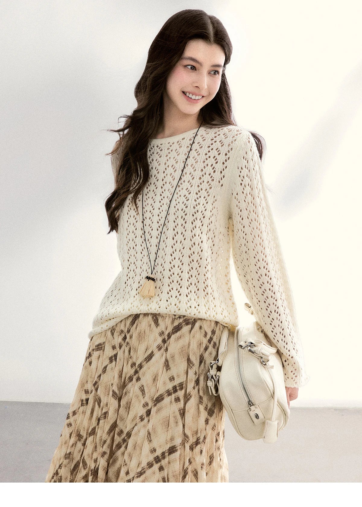 MISHOW Women's Hollow Out Knit Tops 2026 Spring Crew Neck Long Sleeve Tops Loose Casual Soft Breathable Beige Sweater MXF13Z3017