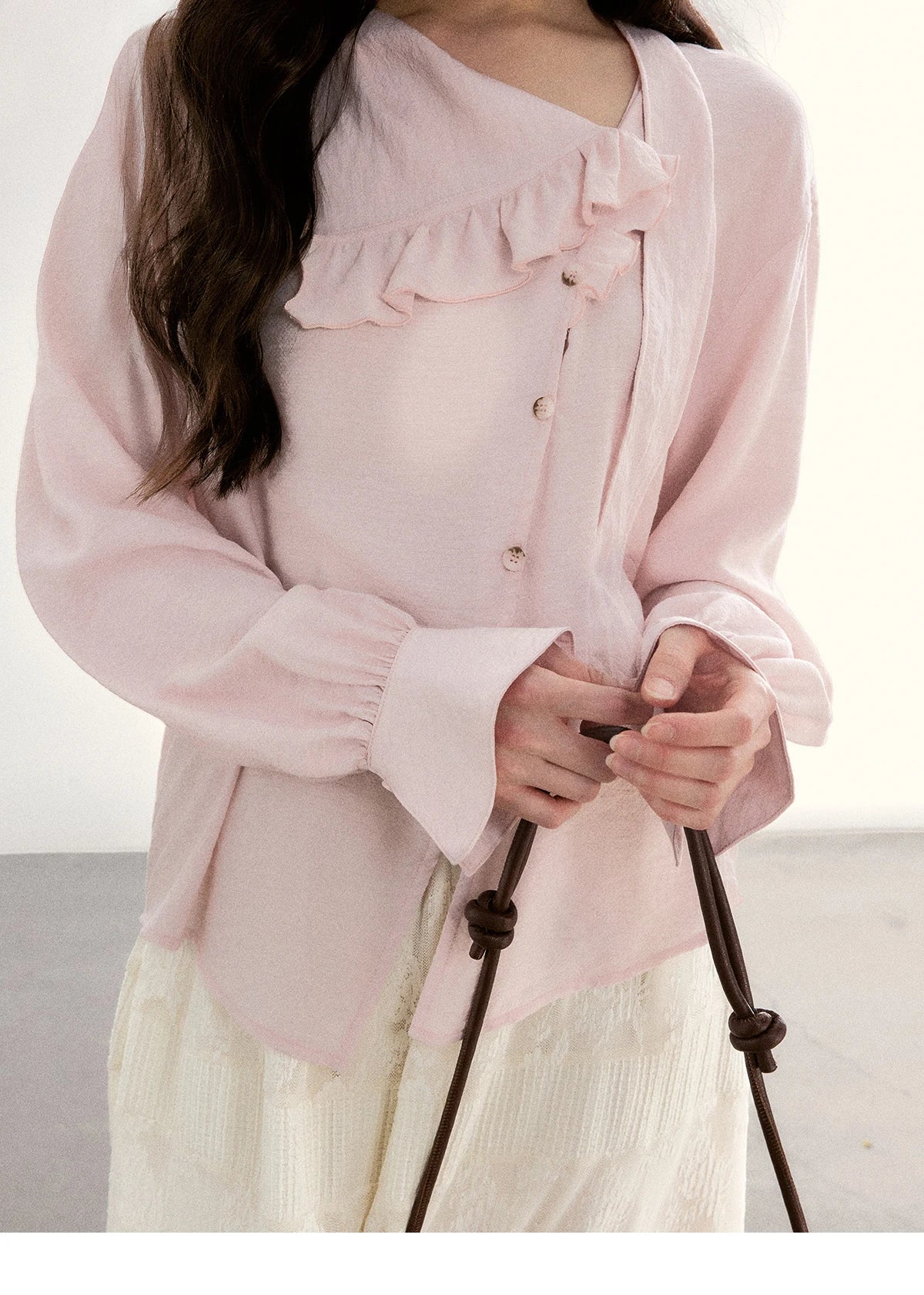 MISHOW Women's Pink Elegant Blouse 2026 Spring Asymmetrical Ruffled Collar Button Shirts Puff Sleeve Casual Loose Top MXF11X2520