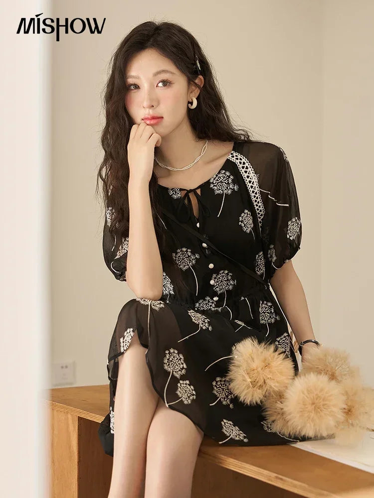 MISHOW【Taraxacum Series】Black Embroidered Dress for Women 2023 Summer French Tea Break Lace-up Retro Romantic Dresses MXC39L1567