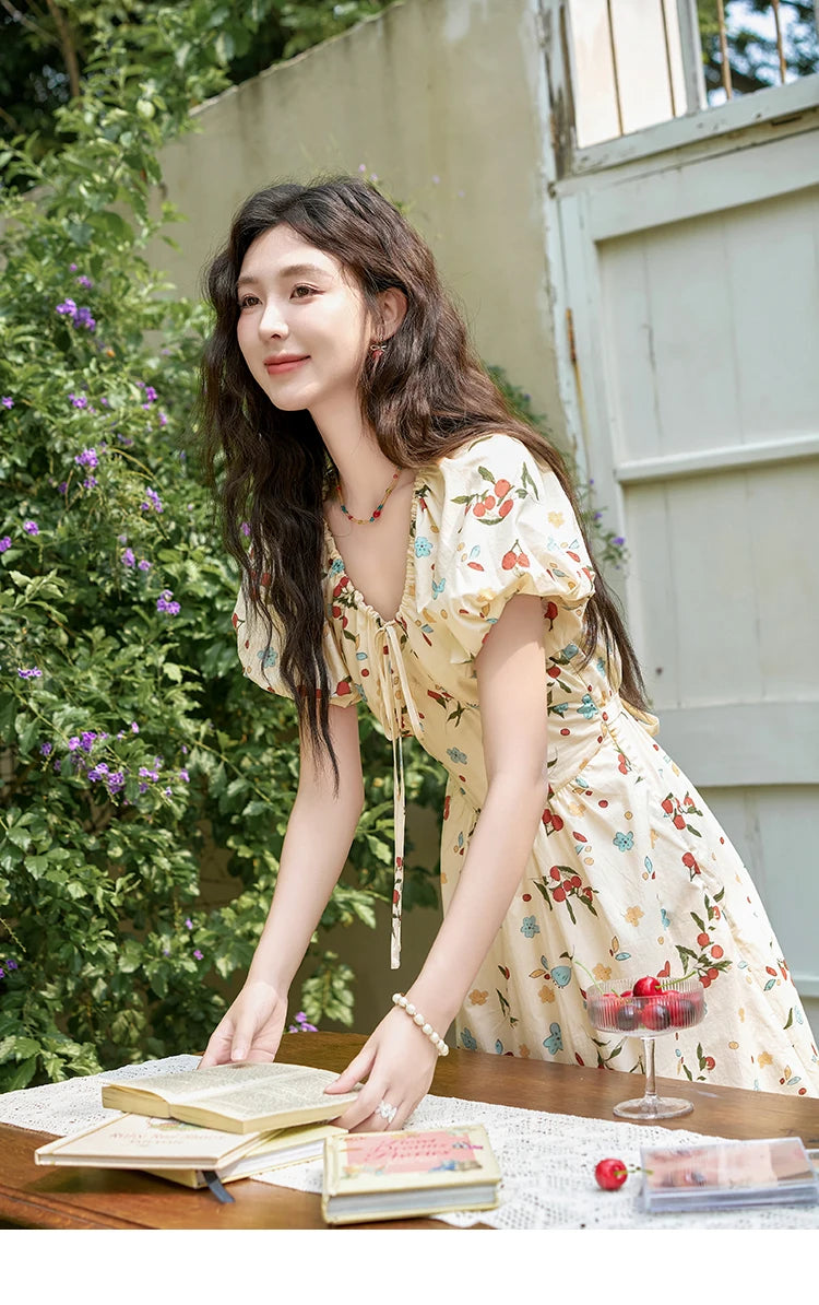 MISHOW French 100 Cotton Floral V-neck Dress Women 2025 Summer Bubble Sleeve Drawstring Lace-up Temperament Dresses MXD30L1868