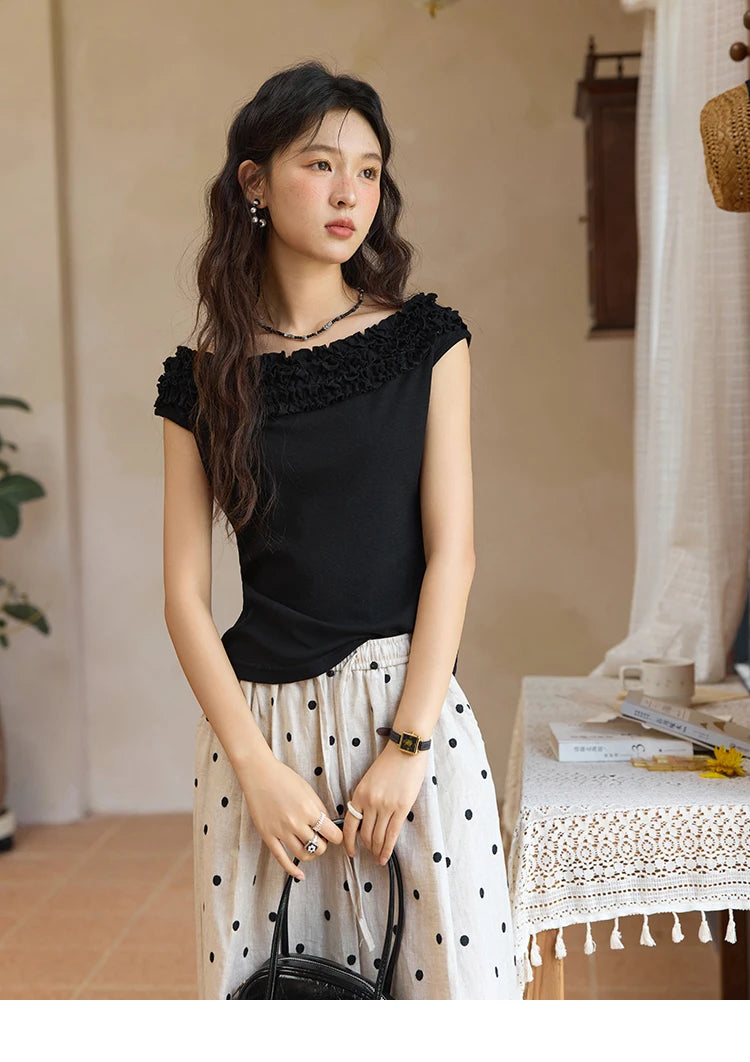 MISHOW French Stringy Selvedge One Neck T-shirt for Women Summer 2025 Raglan Sleeves Wool Short Top Sexy Solid Tees MXE34T0605