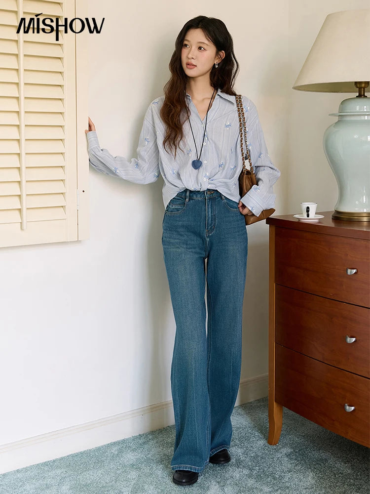 MISHOW Long Sleeve Shirts for Woman 2025 Autumn Retro Blue Single-breasted Blouse Floral Embroidery Casual Tops MXE45X2495