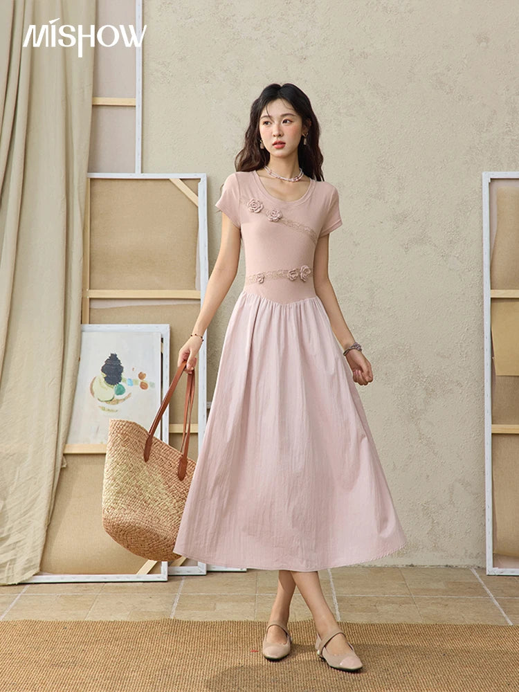 MISHOW Woven Patchwork Knitted Dress Female Summer 2025 French Waist Slim Long Dress Pink Round Neck Elegnat Dresses MXE36L2247