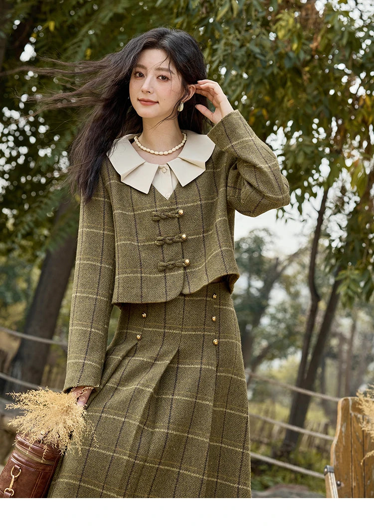 MISHOW Retro Plaid Tweed Jacket Short Skirt Separately Women 2024 Winter Doll Collar Jacket Pleated Mid Length Skirt MXD48W0469