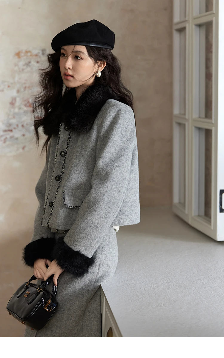 MISHOW Short Tweed Jacket Temperament Midi Skirts Separately Color Clash Lace Design Winter Skirt Thickened Coat MXD54W0553