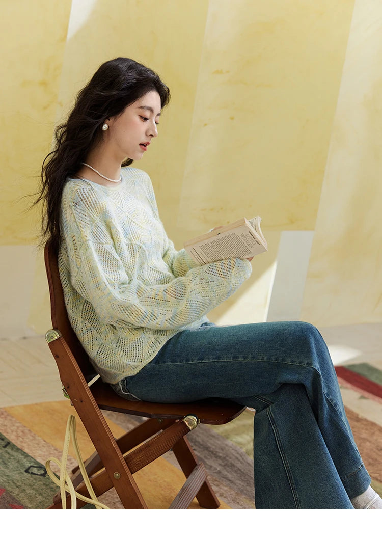 MISHOW Women's Hollow Knitted Sweater 2025 Spring Loose Thin Dropped Shoulder Top Wool O Neck Hem Wavy Edge Sweaters MXE14Z1208