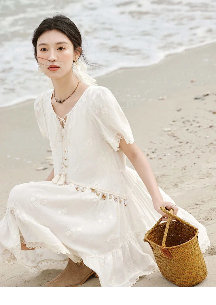 MISOHW Bohemian Solid Women's Summer Dress New 2025 Short Sleeve V-neck Shell Lace Midi Dresses for Woman Fashion MXE33L2195