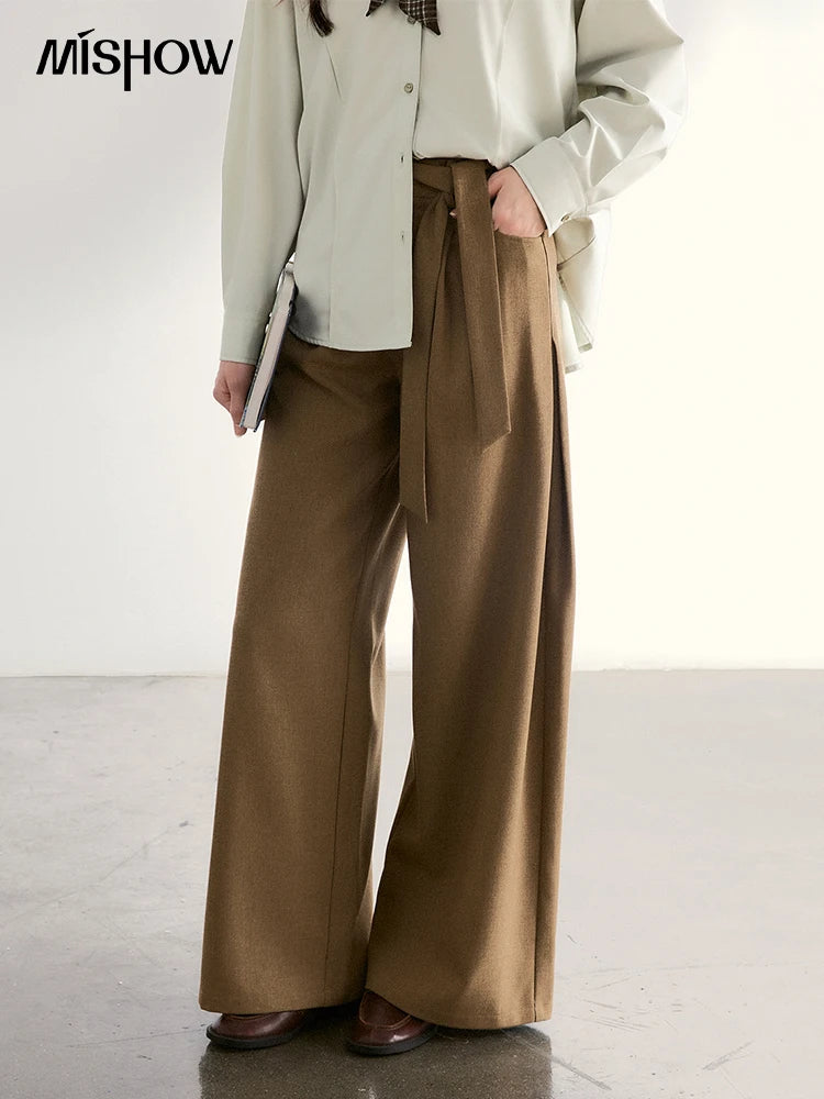MISHOW Women's Strap Design Brown Wide Leg Pants Spring High Waist Back Elastic Waist Pants Casual Loose Trousers MXF11K1134