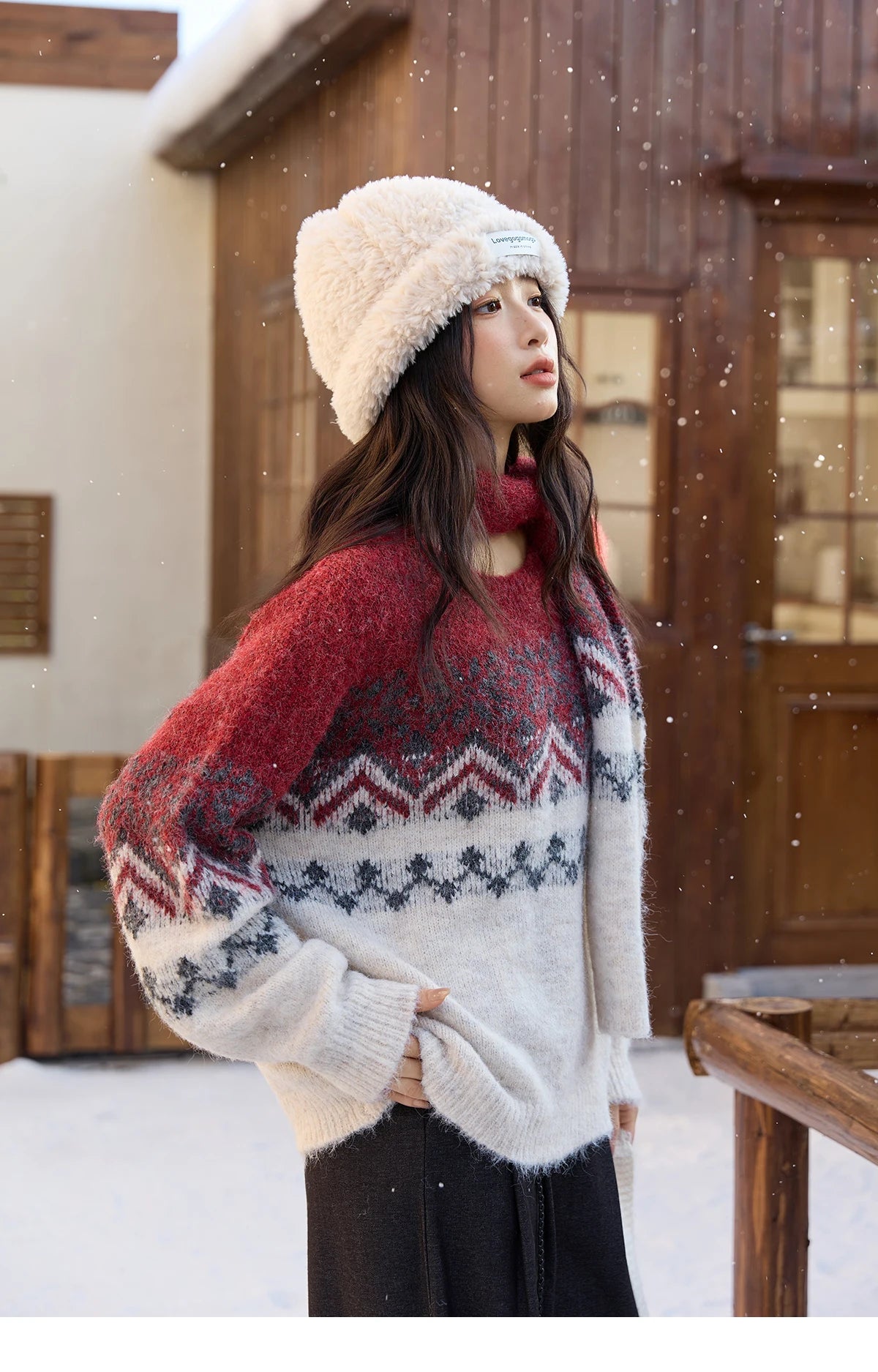 MISHOW Christmas Jacquard Retro Sweater Winter Geometric Red Scarf Fair Isle Sweater Wool Blend Thickened Knitted Top MXE51Z2628