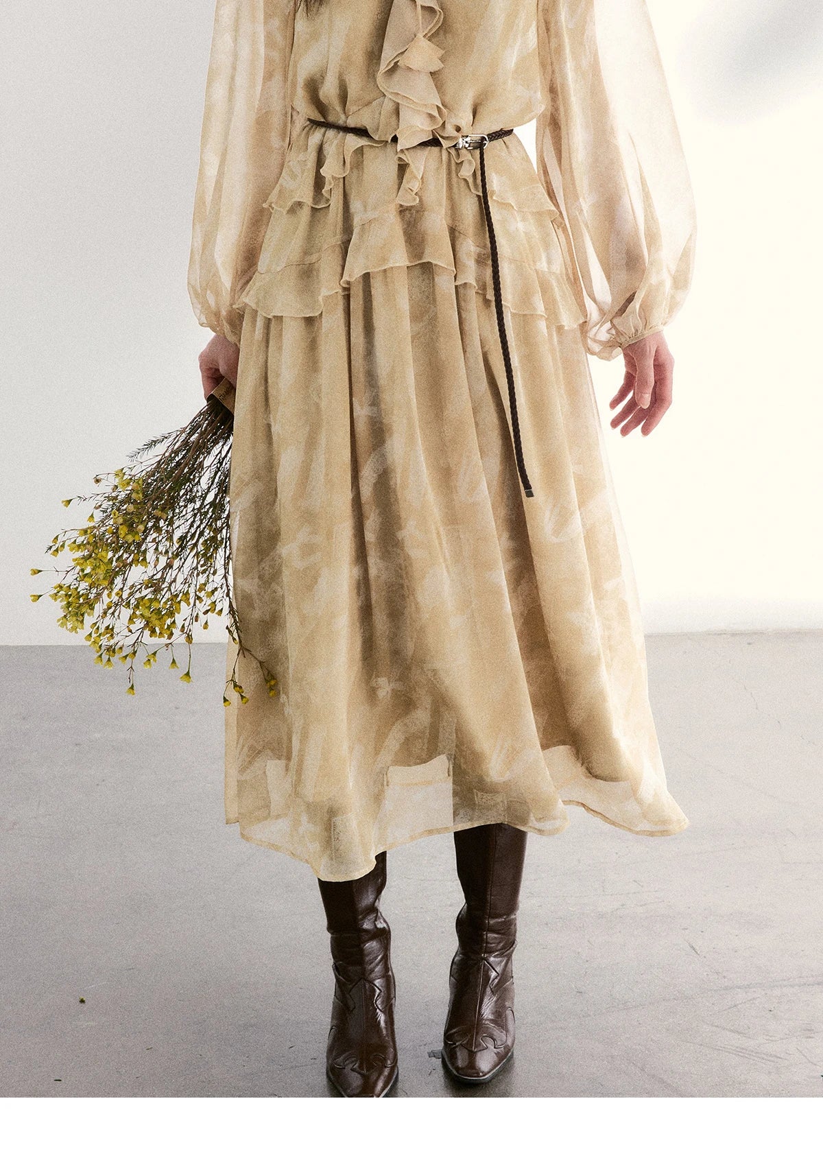 MISHOW Light Yellow Chiffon Maxi Dress 2026 Spring V-Neck Ruffled Belted Floral Print Casual Long Sleeve Dresses MXF11L2554