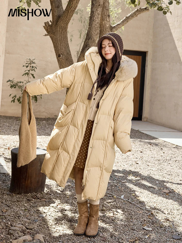MISHOW White Duck Down Coat Hooded Long Removable Fox Fur Collar Down Jacket Zipper Design Warm Wind Resistance Coat MXD55Y0052