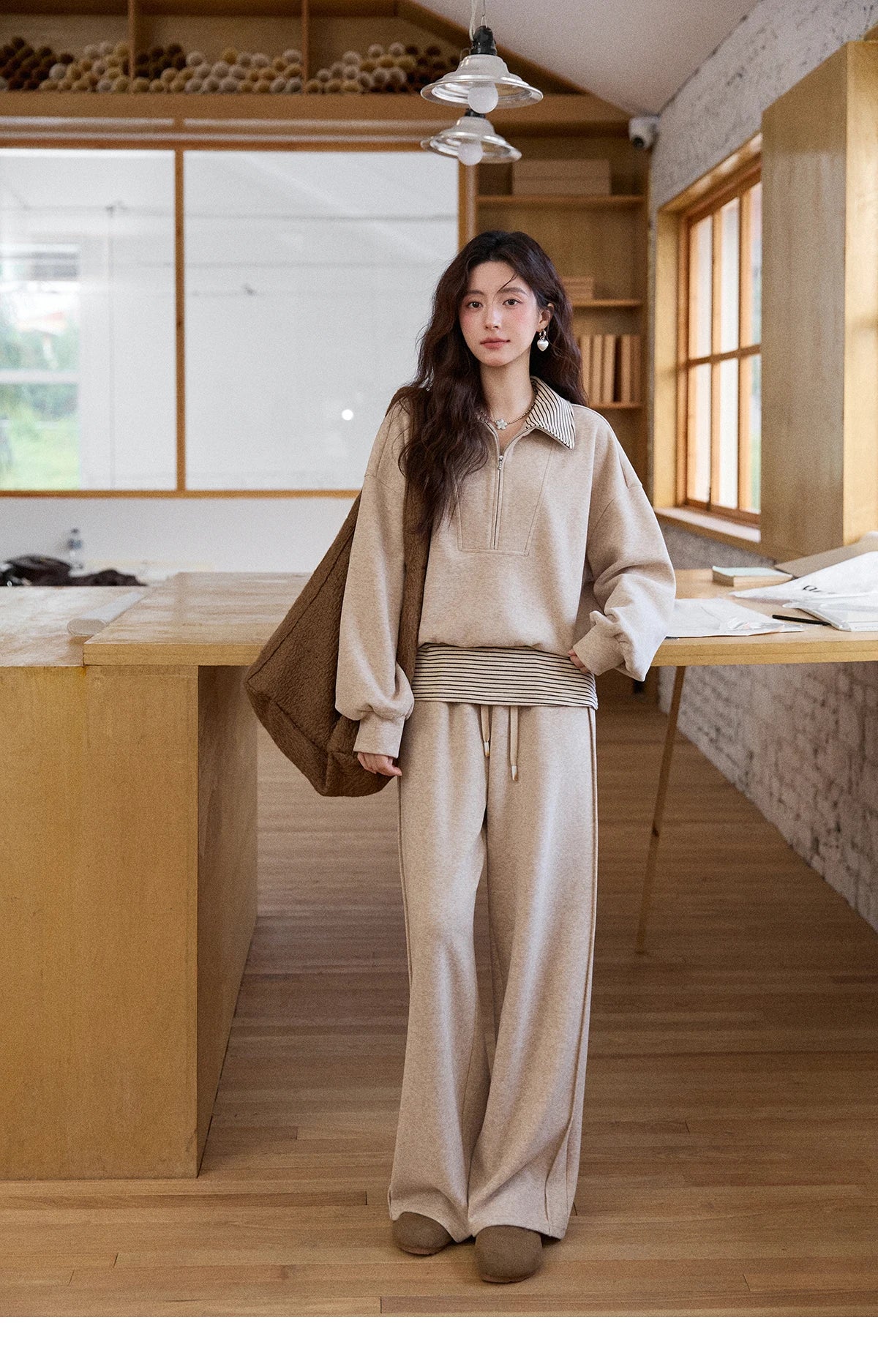 MISHOW Woman Pants Set 2025 Winter Casual Retro Sweatshirt Set Striped Lapel Half-Zip Sweatshirt Wide Leg Pants MXE87T1425