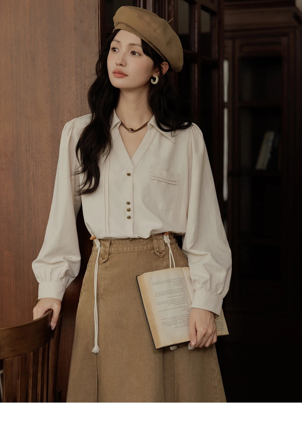 MISHOW Women's Long Sleeved Shirt 2024 Autumn French Minimalist Lapel V Neck Commuter Shirt Retro Button Office Lady MXD43C0306