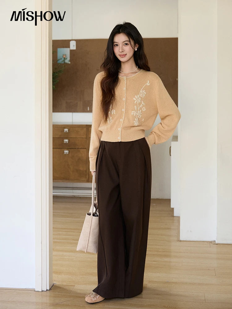 MISHOW Women's Camel Knitted Cardigan 2026 Spring Floral Embroidery Crew Neck Tops Button Warm Loose Cropped Sweater MXF11Z2896