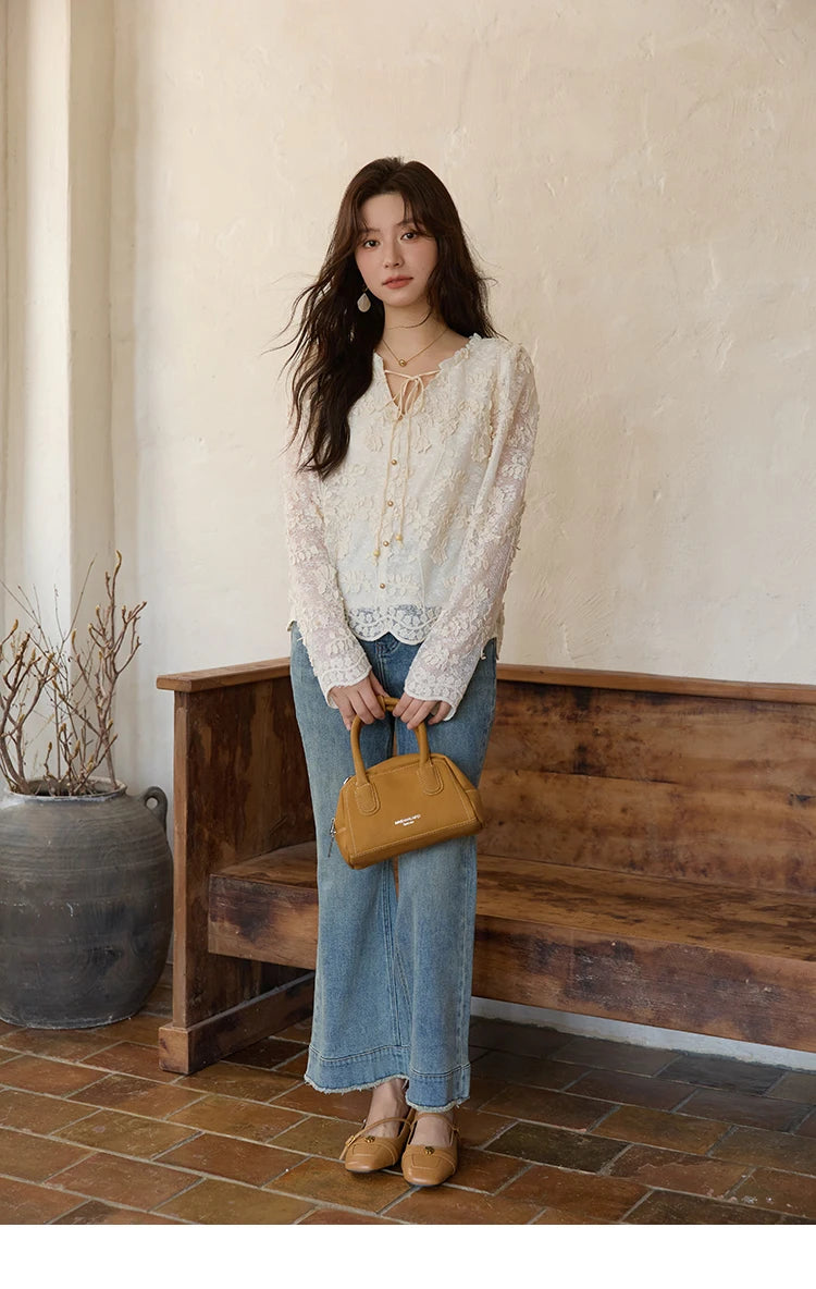 MISHOW Apricot Lace Jacquard Embroidered Shirt 2025 Autumn Black Fungus Edge Lace-up Vintage Commuter Top Office Lady MXE41X1927