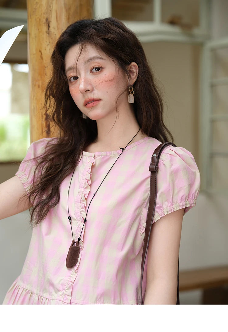 MISHOW Women's Puff Sleeve Plaid Button Shirt 2025 Summer New Fashion O-Neck Wood Ear Casual Shirt Cotton Pink Top MXE39X1932