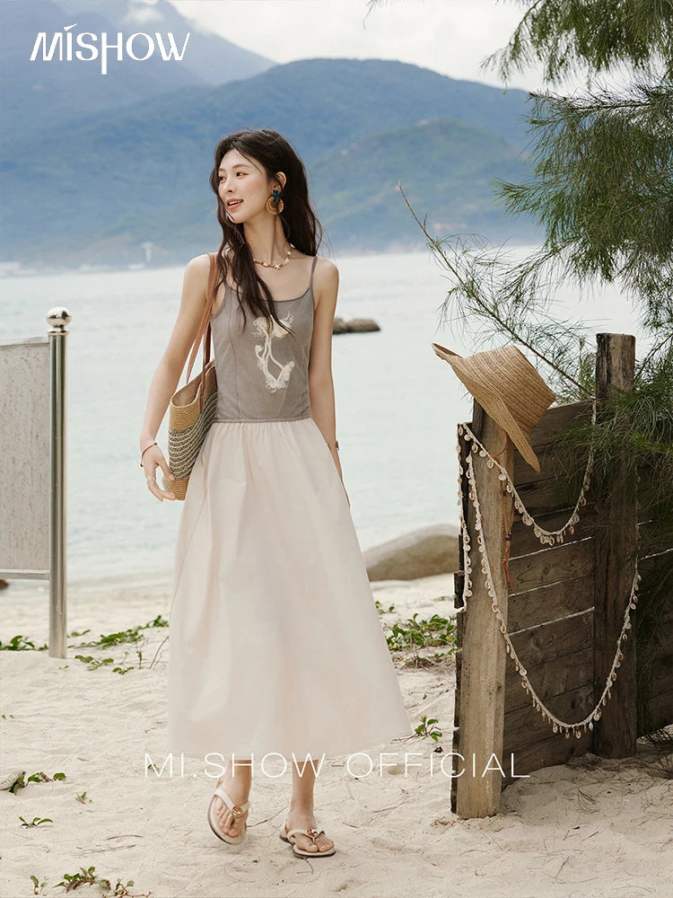 MISHOW Summer New Camisole Long Dresses Women 2025 Sleeveless Color Matching French Knit Dress Lady Fashion A-line MXE13L2082