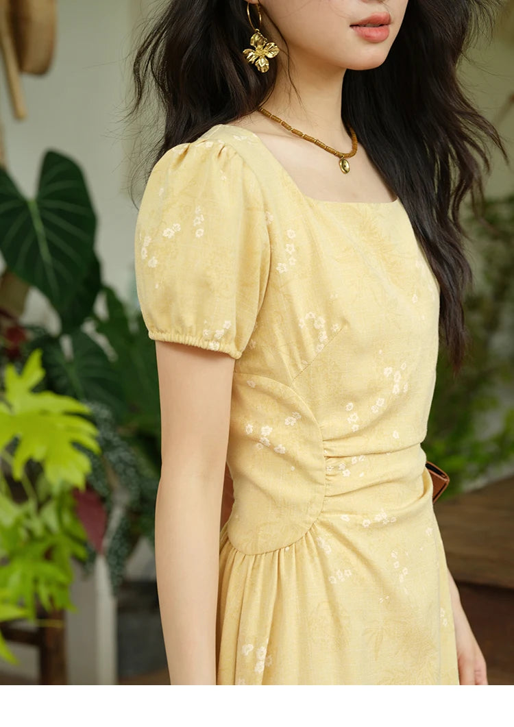 MISHOW Women's Clothing Fashion Square Neck Puff Sleeve Dress Summer 2025 New Bamboo Leaf Jacquard Pattern Dresses MXE39L2415