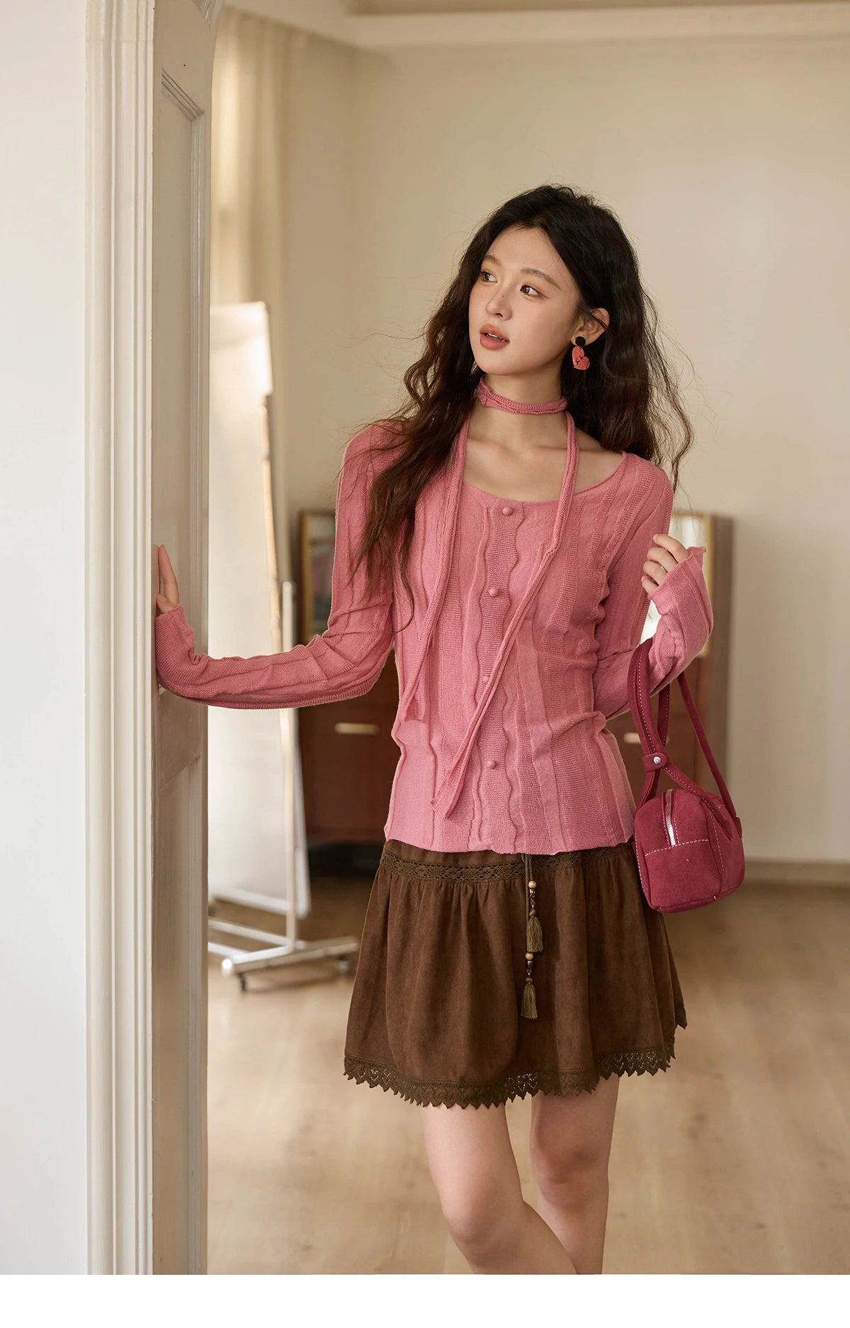 MISHOW Women's Wool Blend Knitted Top 2025 Autumn French Slim Scoop Neck with Draped Tie Soft Solid Pullover Top MXE42Z1322