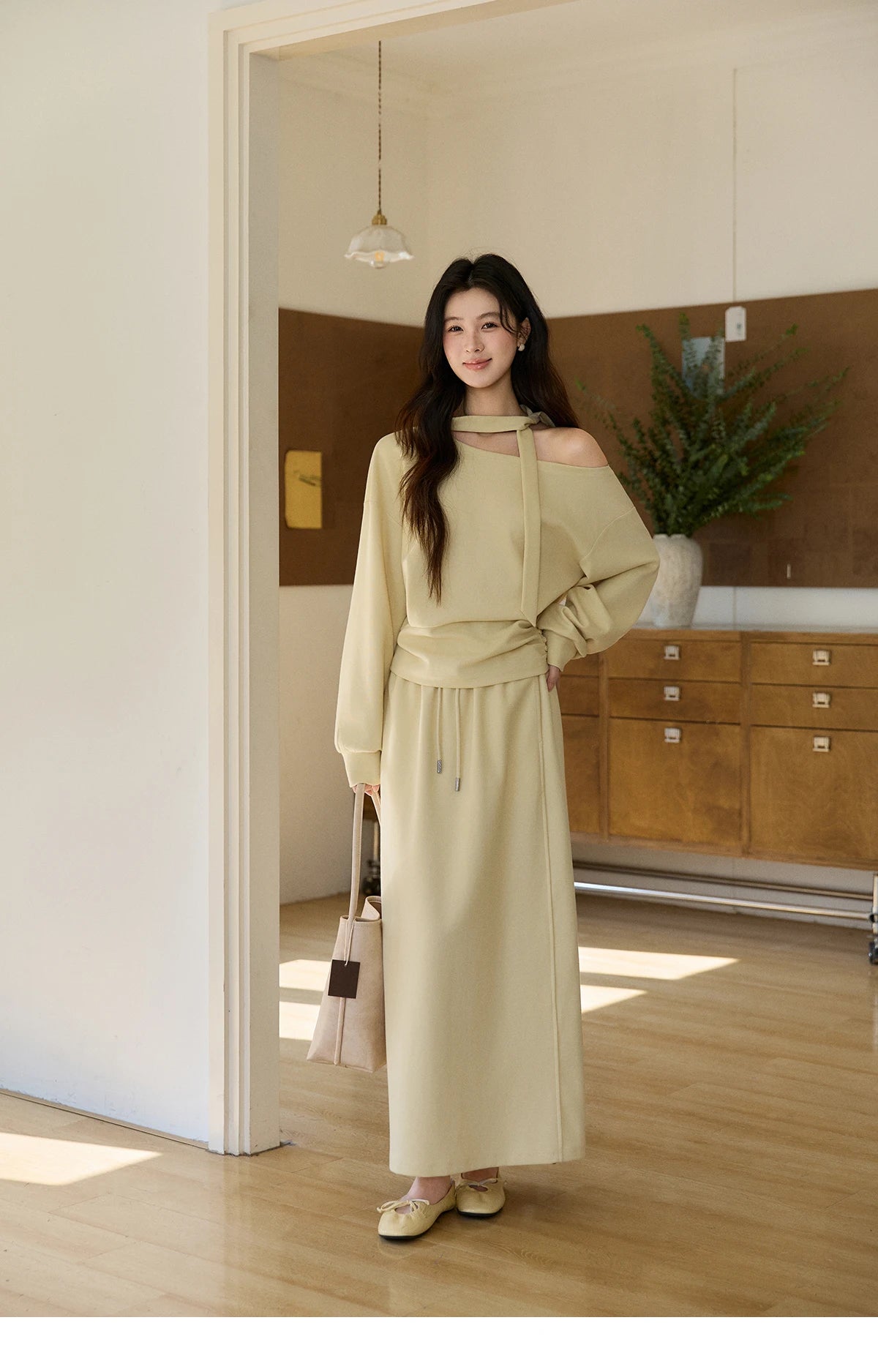 MISHOW Women's Light Yellow Two-Piece Set Asymmetrical Off-shoulder Pullover Top Rear Fork Midi Skirt Set with Ribbon MXE11T1489