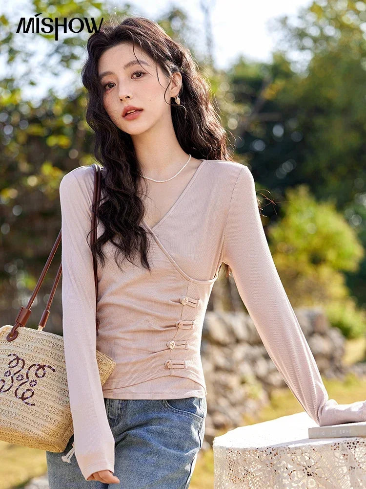 MISHOW Knitted Sweater Solid Color V-neck Long Sleeved Women Spring Summer New Fashion Elastic Slim Tshirt Tops Sweet MXE11Z1076