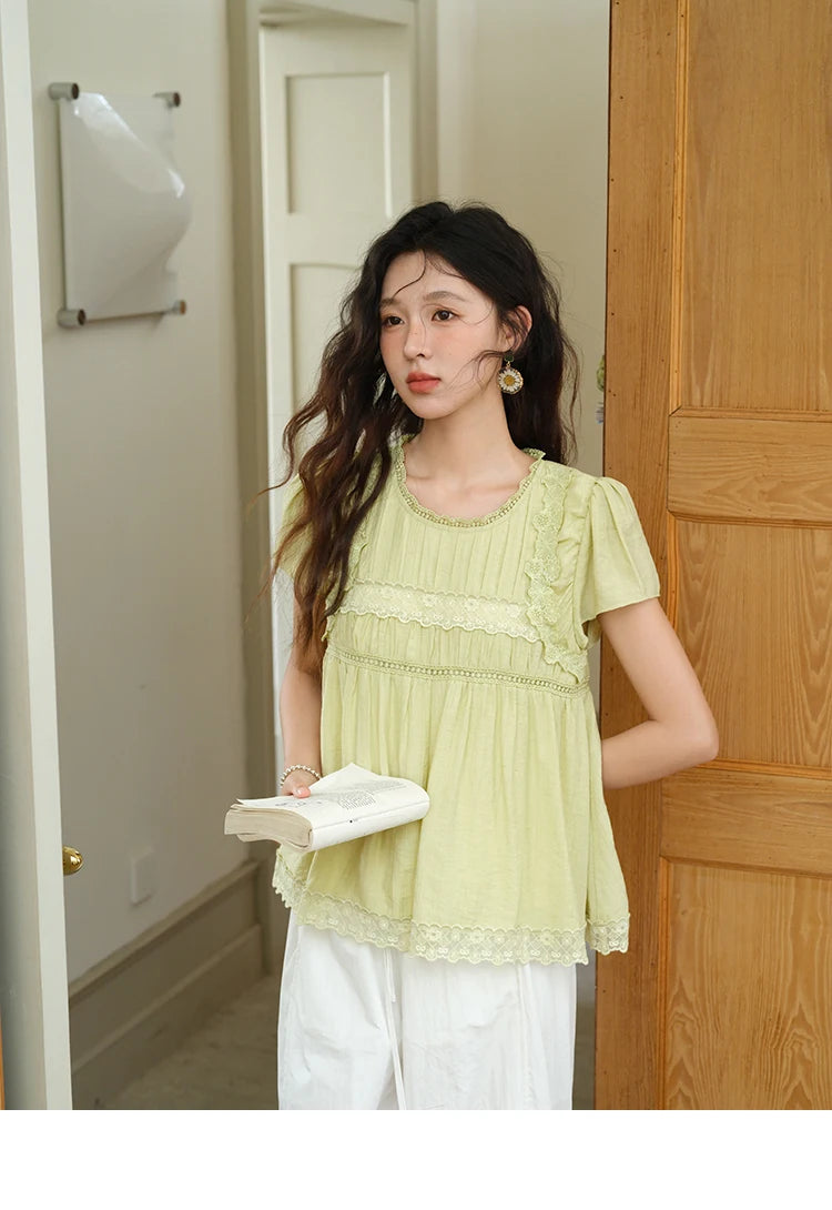 MISHOW Women's Fashion Round Neck Blouse 2025 Summer New Short Sleeve Mushroom Edge Lace Decoration Female Casual Top MXE39X1887