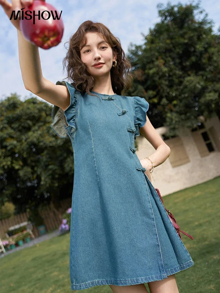 MISHOW Chinese Flying Sleeve Split Denim Dress 2024 Side Flap Buckle Round Neck Denim Waist Loose Knee-Length Dresses MXD22L1851