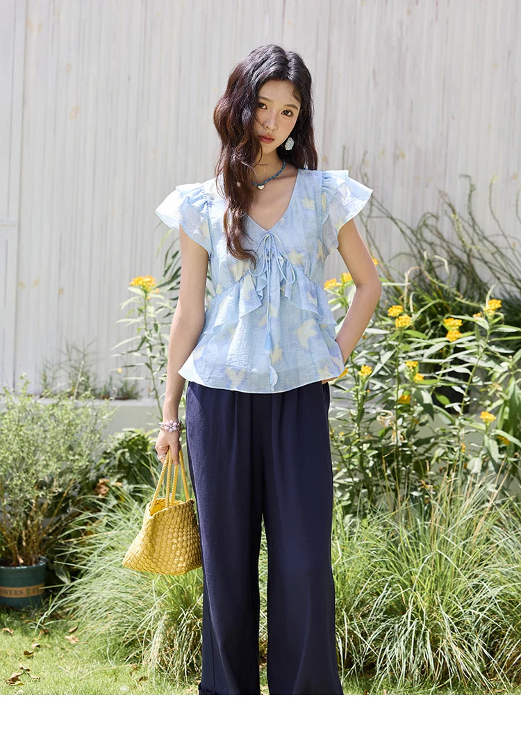 MISHOW Blue Double-layer Ruffled Linen V-neck Blouse for Women Summer 2025 Slim Flying Sleeve Breathable Lace-up Tops MXE33X1819