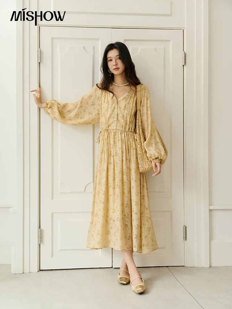 MISHOW Yellow Printing Dress for Woman 2025 Autumn Elegant Lace Lantern Sleeve Waist Slim Long Dress V-neck Dress MXE47L2527