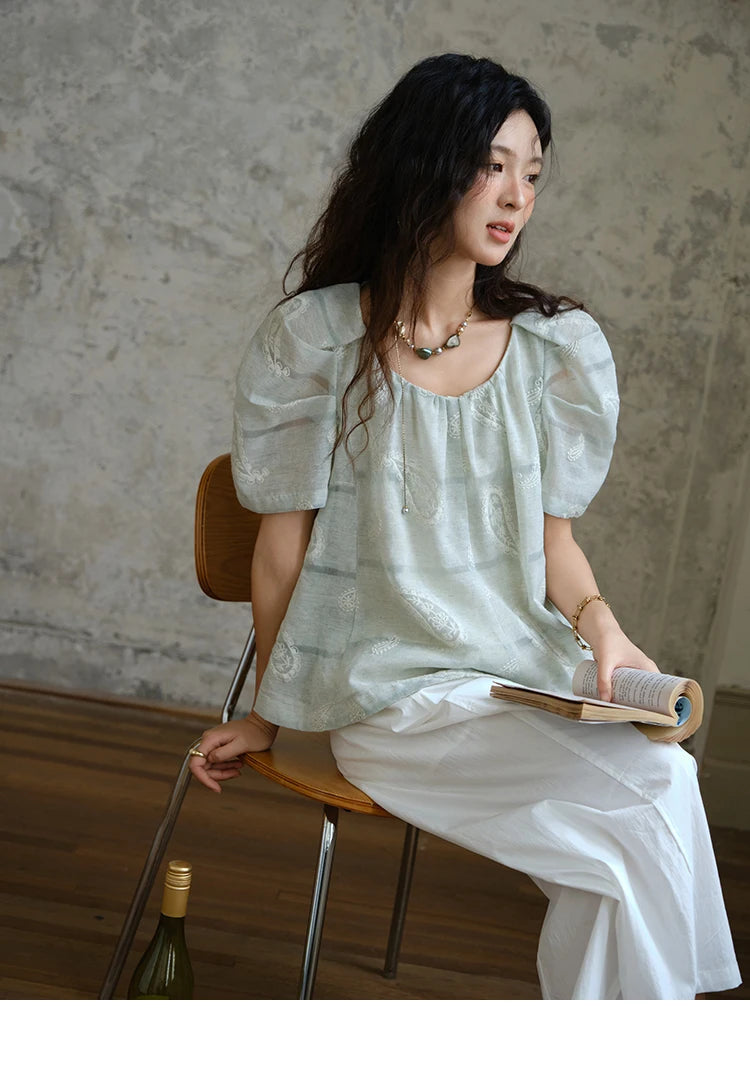 MISHOW O-Neck Blouse for Women 2025 Summer New Fashion Print Embroidery Puff Sleeve Loose Casual Top Ladies Clothing MXE34X1807