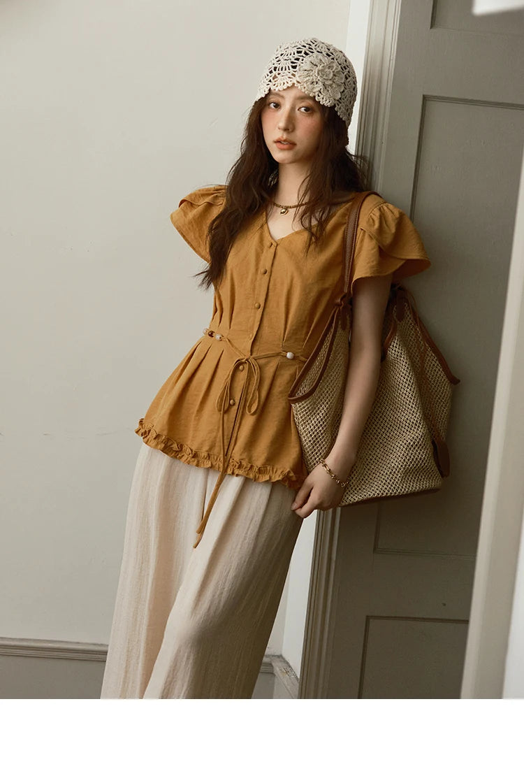 MISHOW Women's Petal Sleeve Slim Shirt 2025 Summer New V-neck Button Bead belt Black Fungus Edge Top Ladies Clothing MXE39X1881