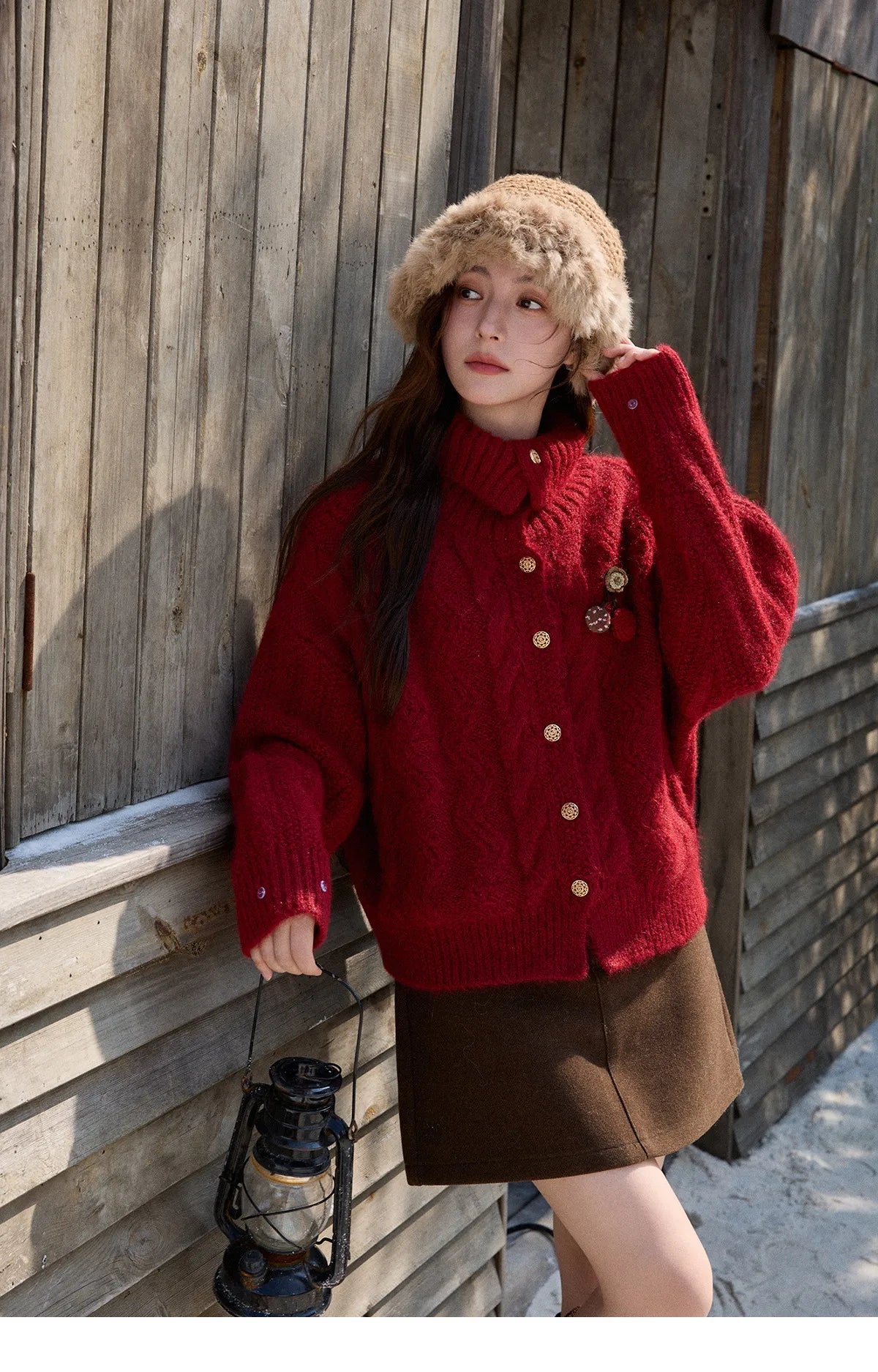 MISHOW Women's Red Knitted Cardigan Autumn Winter Cable Knitted Stand Collar Single-breasted Warm Loose Outerwear MXE92Z2827