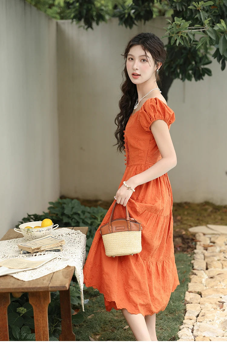 MISHOW 100 Cotton Orange Embroidered French Dress Women 2024 Summer V Neck Mid Length Dress Solid Loose A-line Dress MXD29L1931