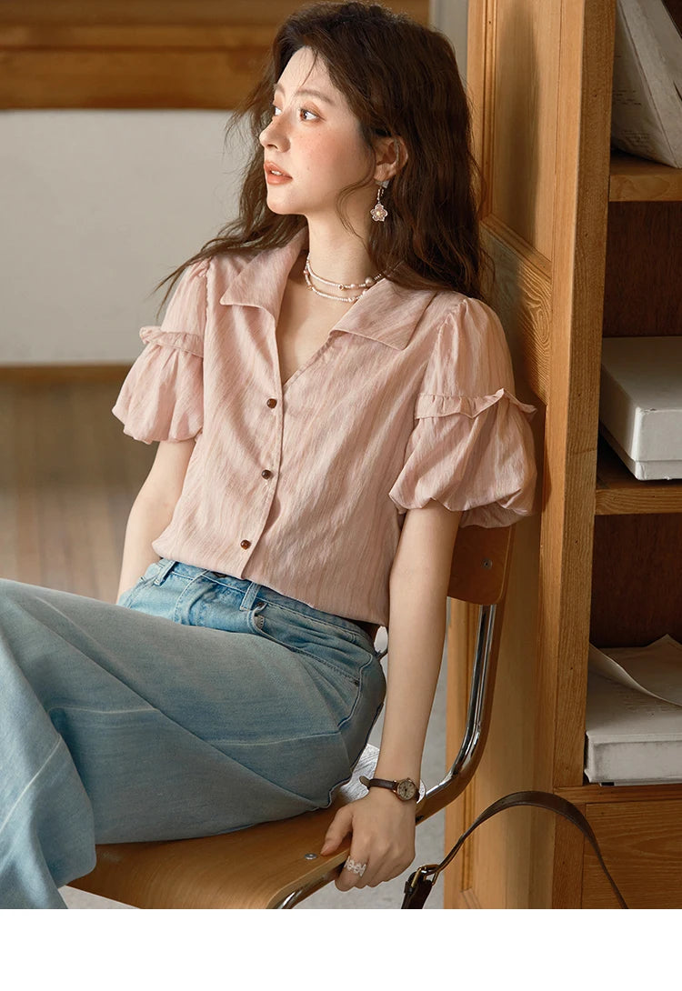 MISHOW Ladies Fashion Puff Sleeve Striped Shirt 2025 Summer New Commute Retro Turn-down Collar Top Women's Clothing MXE37C0808
