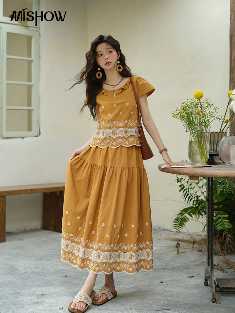 MISHOW Women's Clothing Two Piece Set 2025 French Lace Embroidery Blouse A-line Straight Half Skirt Ladies Summer Set MXE39T0645