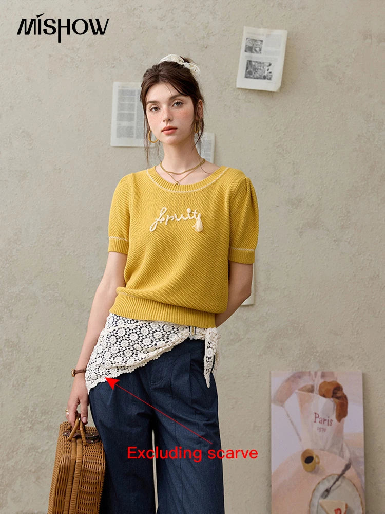 MISHOW French Knitted Pullover Women Summer 2025 Letter Short Sleeve Round Neck Slimming Sweater Female Fashion MXE33Z1219