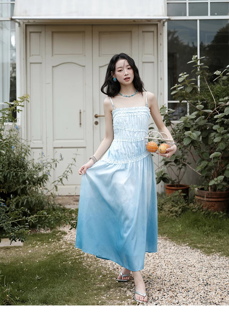 MISHOW Female Fashion Gradient Strap Dress 2025 Summer Sleeveless Black Fungal Edge Sashes Women's Vacation Dresses MXE34L2242