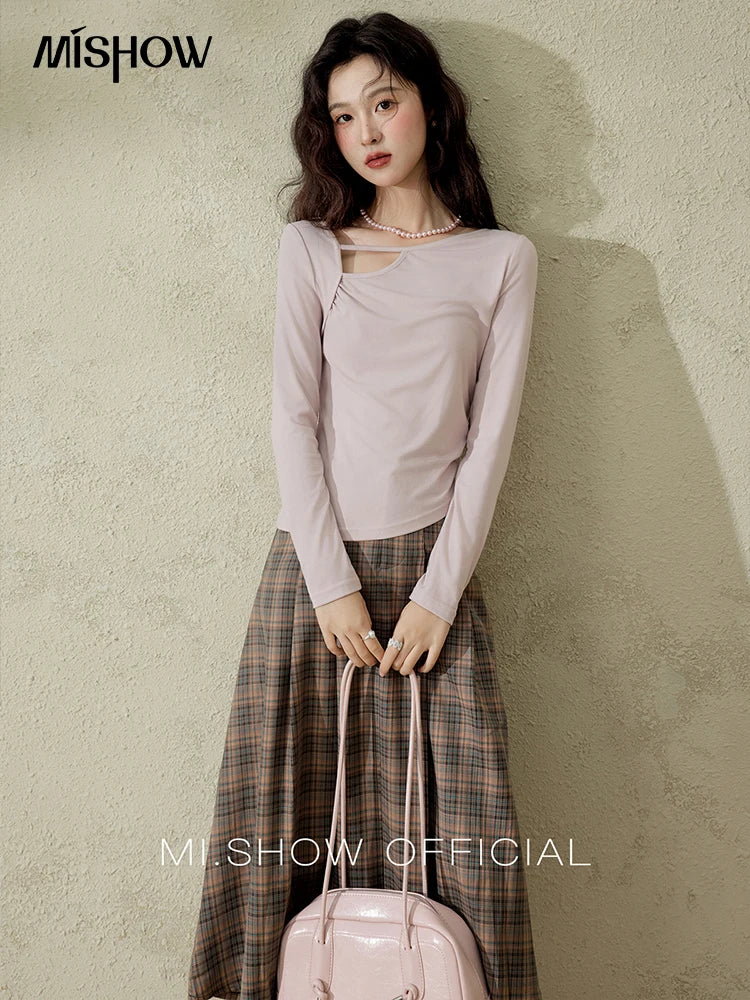 MISHOW Women's Knitted Long Sleeved T-shirt 2025 Spring Outfit Irregular Hollow Neck Tees Slim Solid Color Casual Top MXE13Z1116