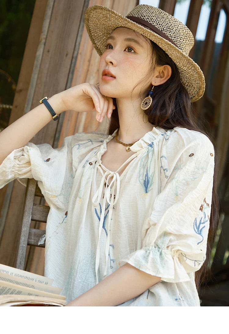 MISHOW Women's V-neck Lace Up Blouse 2025 Summer New Fashion Embroidery Mushroom Edge Commute Top Women's Blouse MXE39X1959