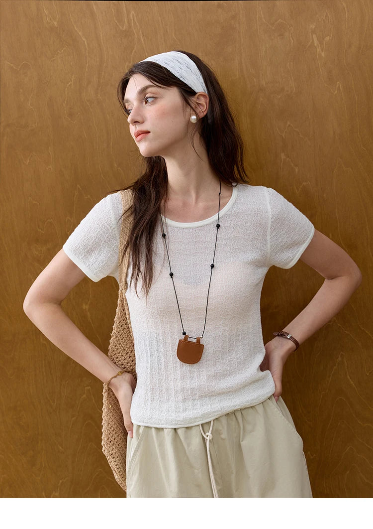 MISHOW Office Lady Women’s T-shirts Summer 2025 Short Sleeve Round Neck Solid Slimming Knitted Shirt Female Fashion MXE34Z1257