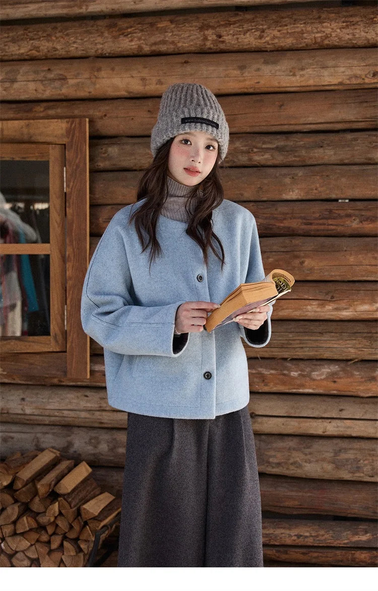 MISHOW Woman Blue Wool Coat with Shawl 2025 Winter Elegant Fashion Crew Neck Single-breasted Short Loose Thick Coat MXE87W0943