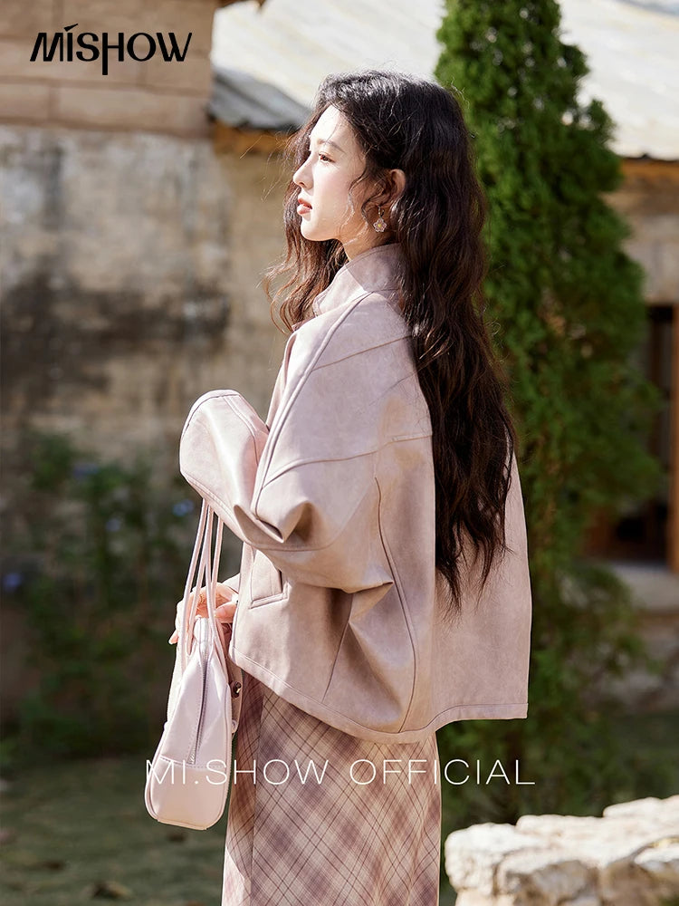 MISHOW Sweet Cool Blended Pink Purple Leather Coat Spring 2025 Stand Collar Motorcycle Style Jackets PU Leather Coats MXE13W0707