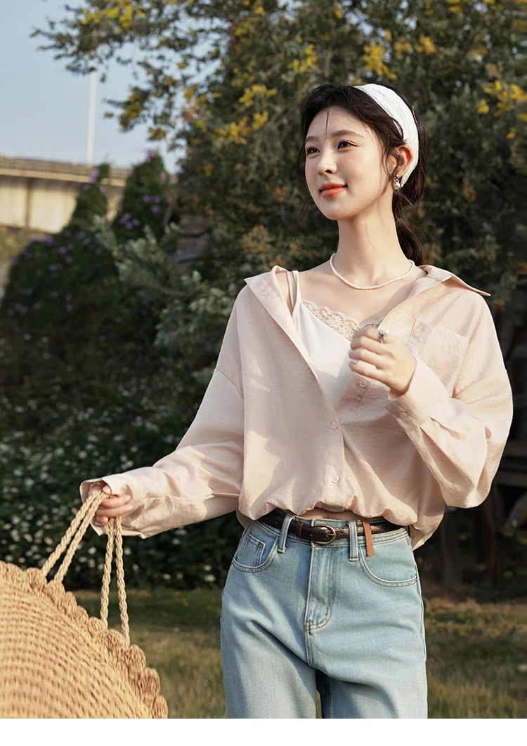 MISHOW Casual Spring Shirt Women New 2025 Long Sleeve Turn-down Collar Fake Two-piece Blouses Lady Fashion Loose Tops MXE16C0777