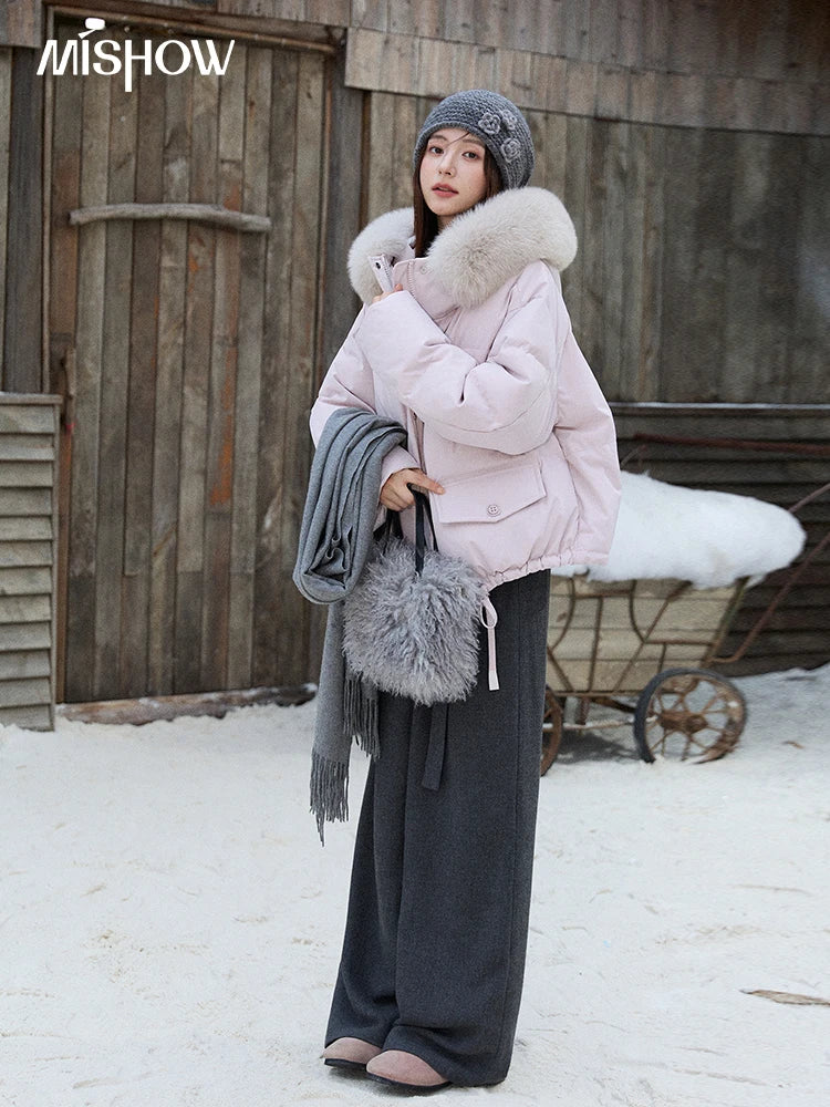 MISHOW Short Lightweight Puffer for Women 2025 Fashion Loose Long-sleeved Down Jacket Detachable Fur Collar Warm Coat MXE87Y0084