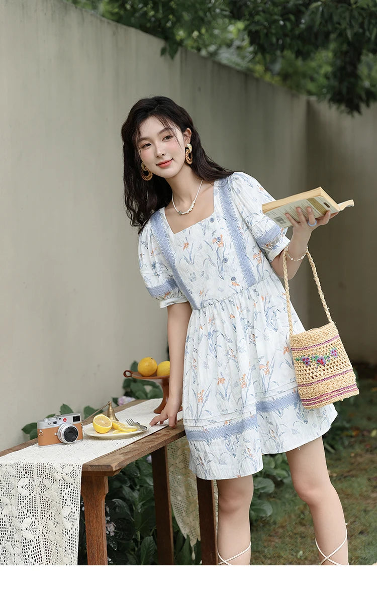 MISHOW Ink Wash Printed Fabric Dress for Women 2025 Summer French Oil Painting Square Neck Splicing Lace Doll Dresses MXD29L1932