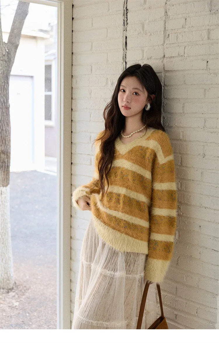 MISHOW Women's V-neck Knit Pullover Retro Yellow Striped Sweater 2025 Casual Faux Mink Jacquard Loose Knit Sweater MXE87Z2766