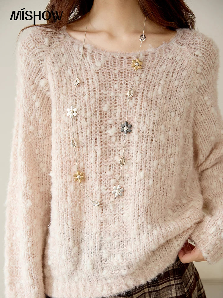 MISHOW Scoop Neck Loose Sweater 2025 Autumn Raglan Sleeve Casual Knitted Top Hollow-out Wool Blend Soft Warm Sweaters MXE46Z2565