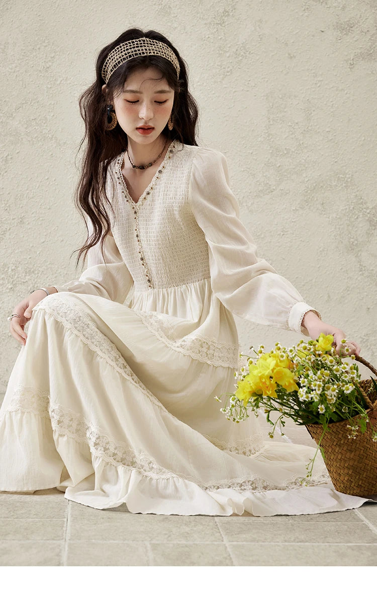 MISHOW Apricot Vacation Dress for Women Spring 100 Cotton Splicing Lace Retro Dress V-neck Waist Slim Long Dresses MXE16L2168